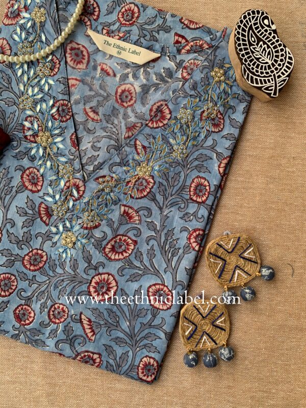 "Vaibhavi" Hand Embroidered Block Printed Cotton kurta - Image 4