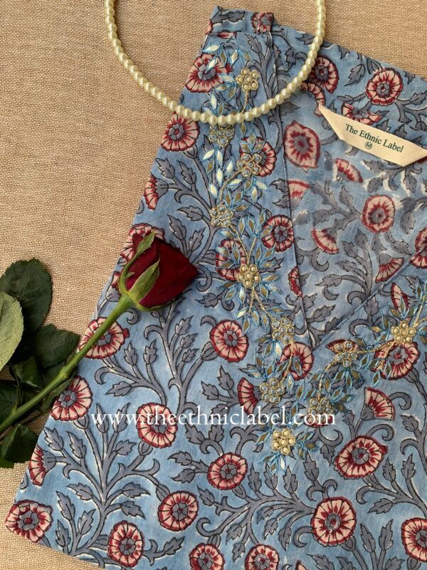 "Vaibhavi" Hand Embroidered Block Printed Cotton kurta - Image 3