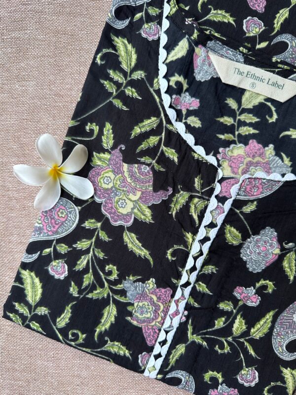 Black Petunia Sanganeri Hand Block Printed laced Cotton kurta - Image 5