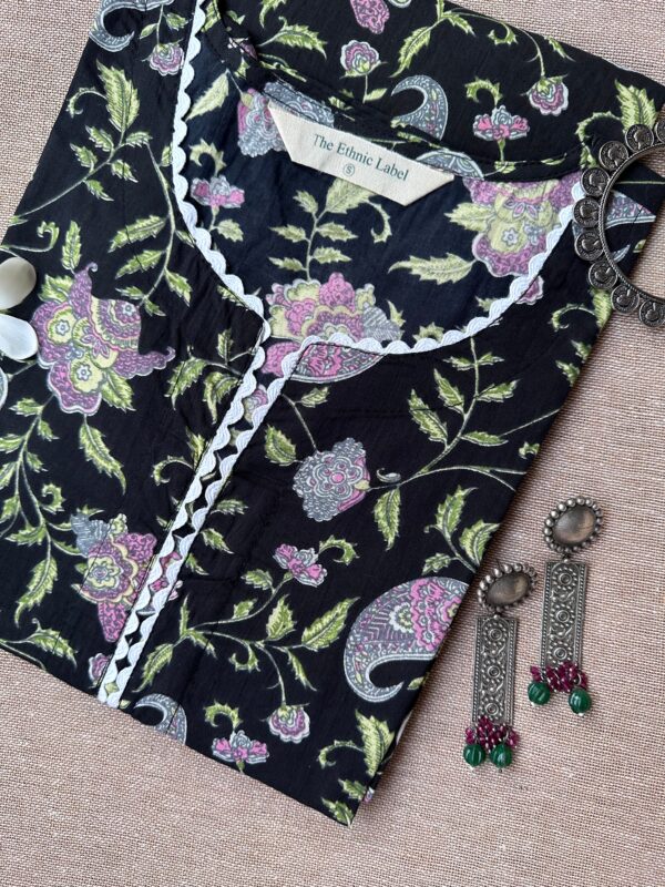 Black Petunia Sanganeri Hand Block Printed laced Cotton kurta - Image 7