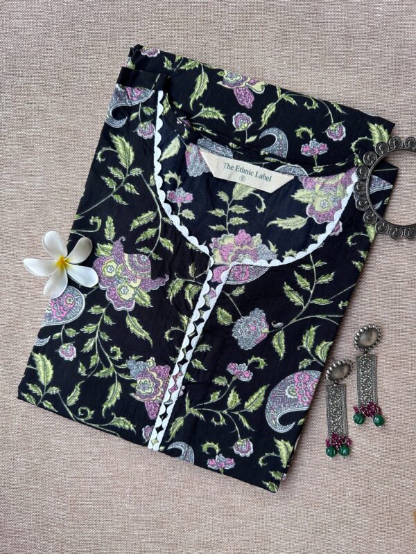 Black Petunia Sanganeri Hand Block Printed laced Cotton kurta - Image 4