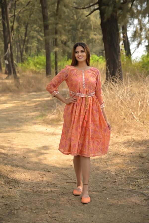 Peach 'Playful' Floral Chanderi Dress - Image 2