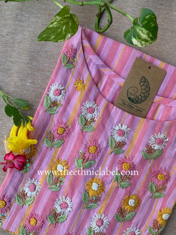 "Aabharan" Pink Embroidered Cotton kurta - Image 4