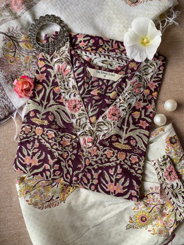 "Gul" Cotton Kurta Set with Afghan Pants and Kota Dupatta- 3pc - Image 9