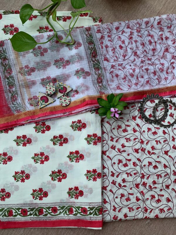 White-Red Boota Unstitched Suit Set with Doria Dupatta