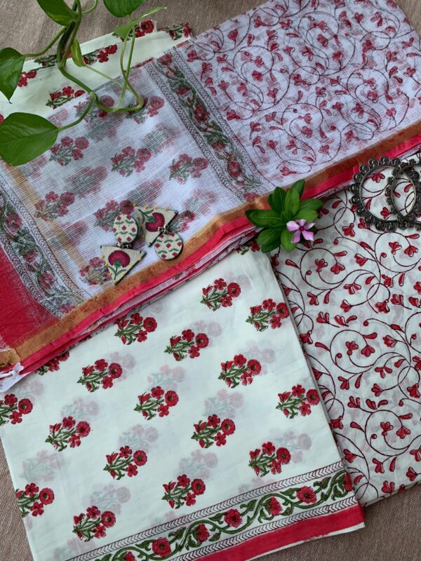 White-Red Boota Unstitched Suit Set with Doria Dupatta - Image 2