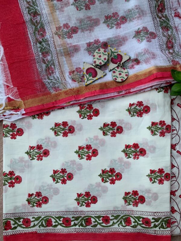 White-Red Boota Unstitched Suit Set with Doria Dupatta - Image 3