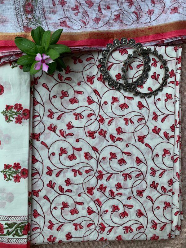 White-Red Boota Unstitched Suit Set with Doria Dupatta - Image 4