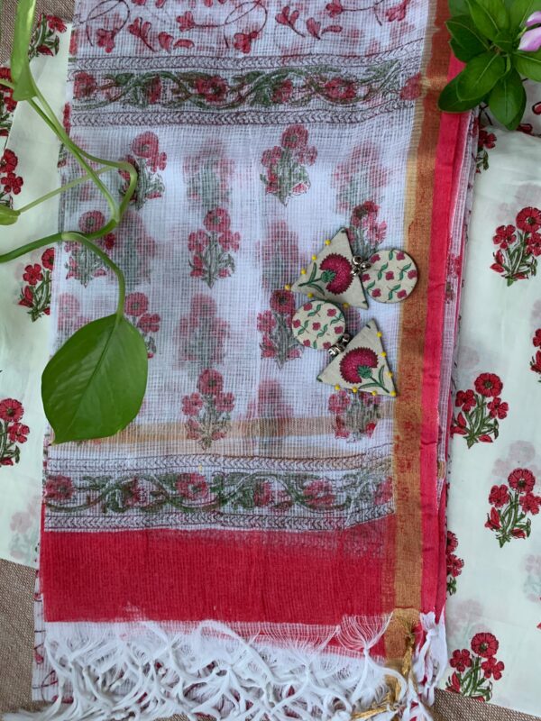 White-Red Boota Unstitched Suit Set with Doria Dupatta - Image 5