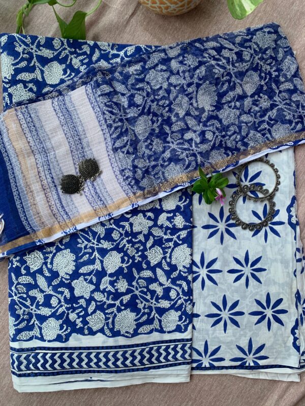 Royal Blue- White Unstitched Suit Set with Doria Dupatta