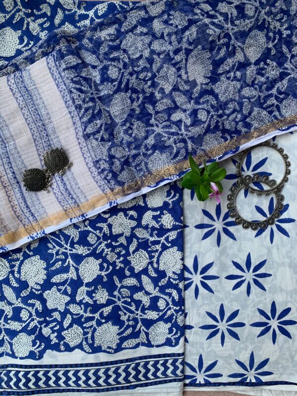 Royal Blue- White Unstitched Suit Set with Doria Dupatta - Image 2
