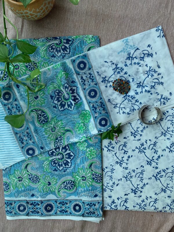 Blue-Green Unstitched Suit Set with Dupatta - Image 2