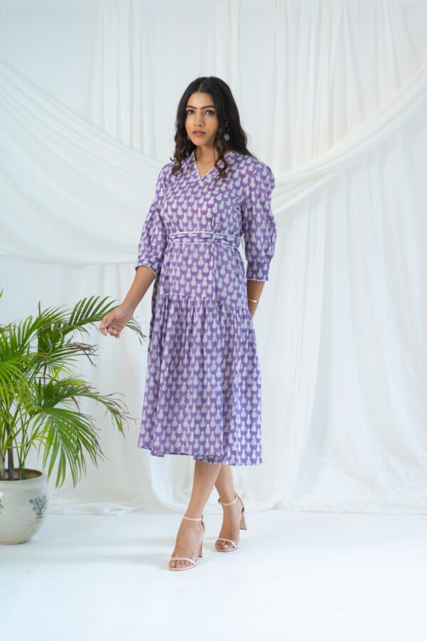 Lavender Hand Block Printed Pineapple Laced Dress - Image 2