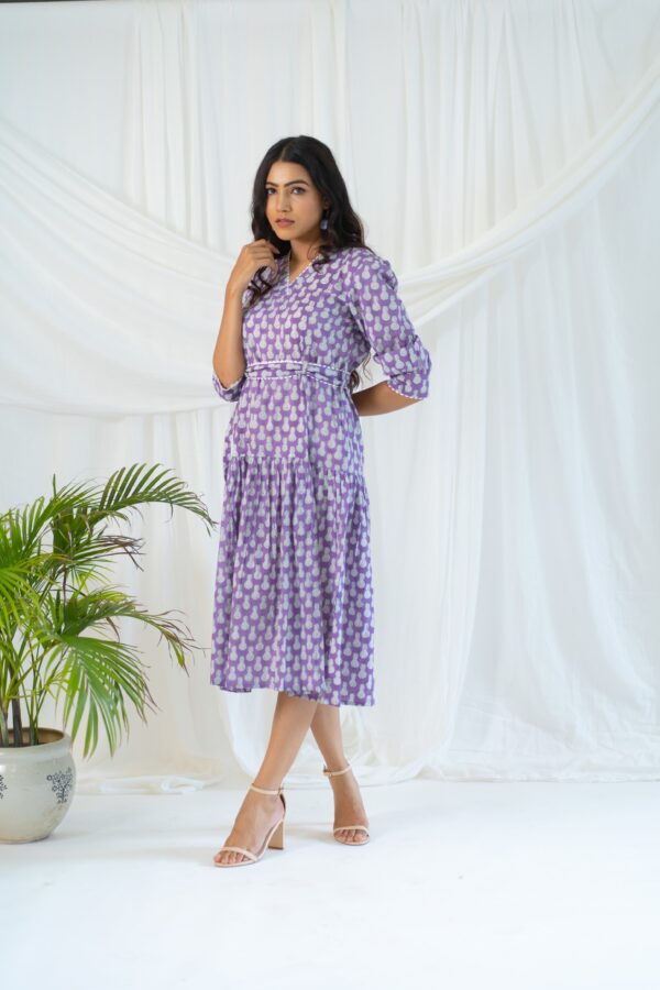 Lavender Hand Block Printed Pineapple Laced Dress - Image 3