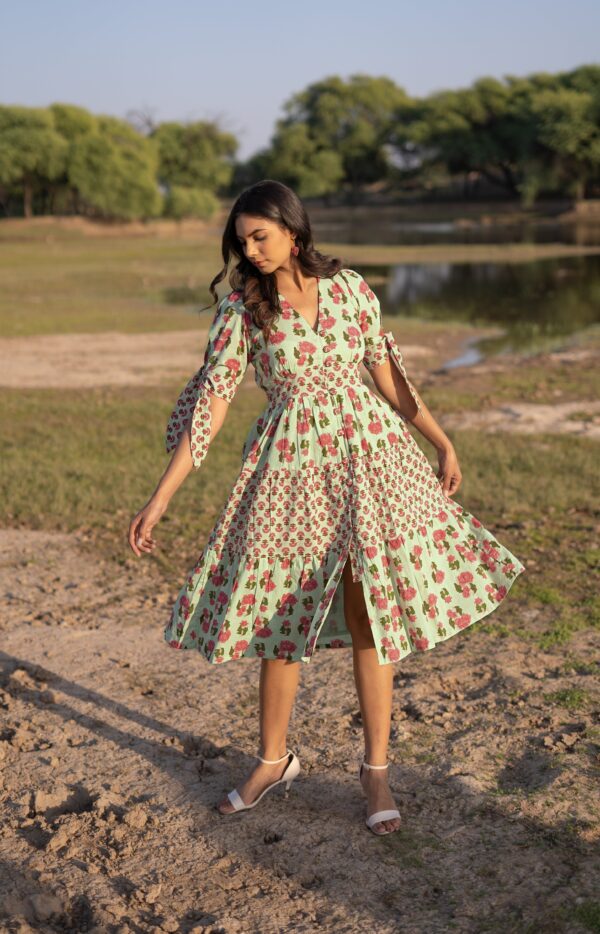 Pista Green Multi Print ‘Magnificent’ Cotton Dress - M