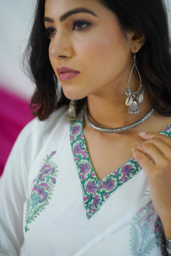 White 'Noori' Mughal Hand Block Printed Cotton Kurta Set with Dupatta - Image 6