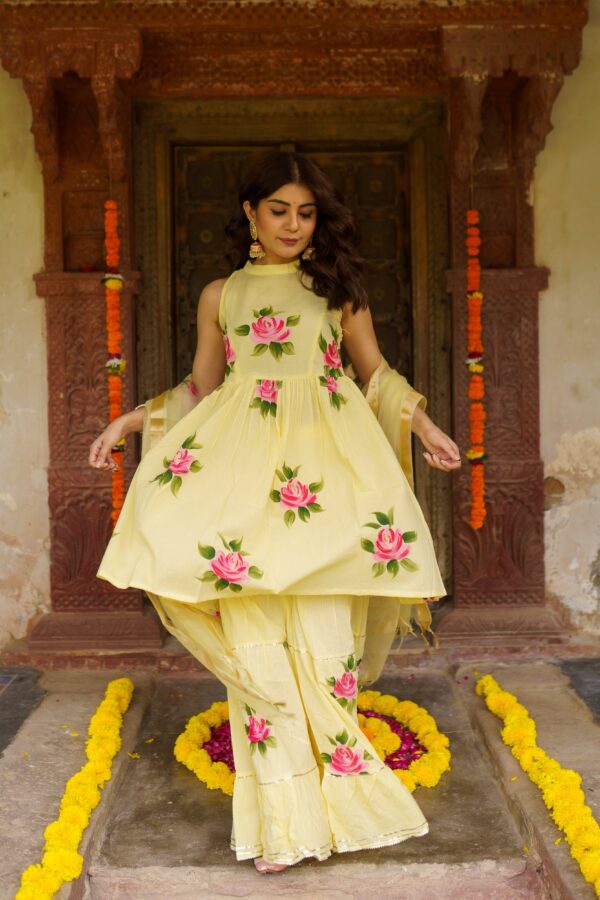 Hand Painted Yellow Sharara Set - Image 9