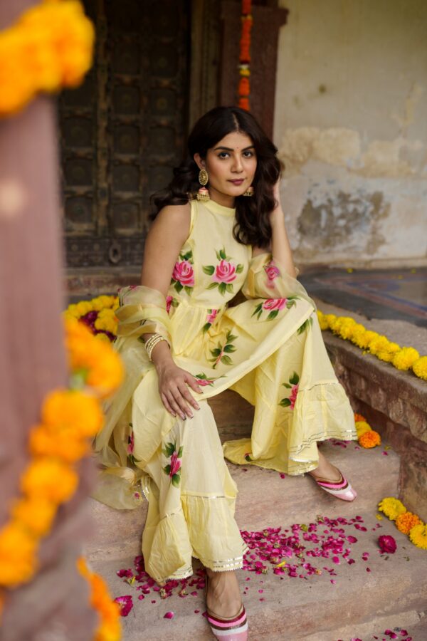 Hand Painted Yellow Sharara Set - Image 10