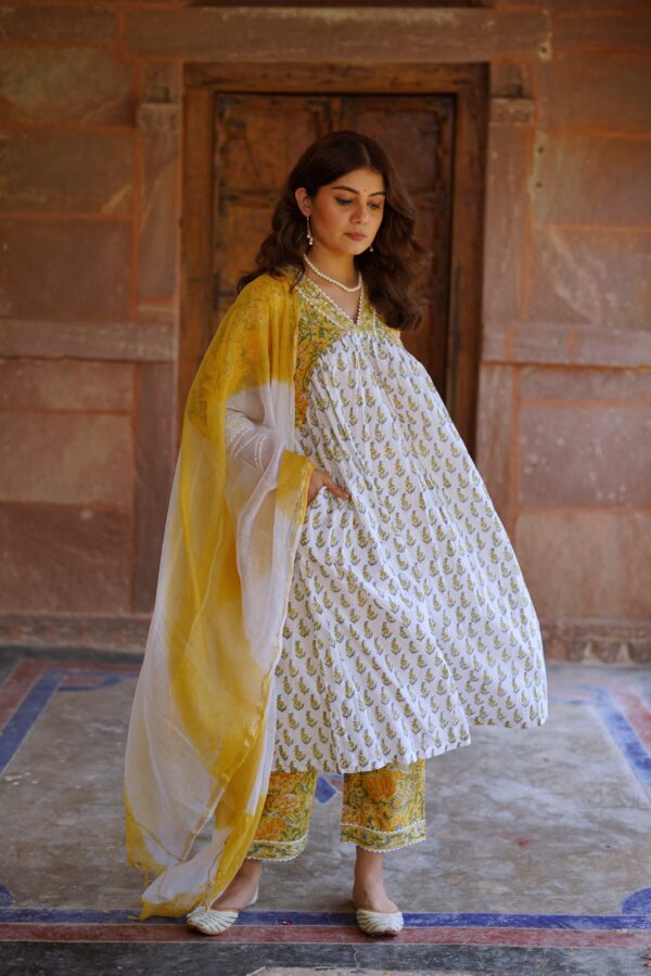 Mughal Hand Block Printed Yellow White suit set - Image 8