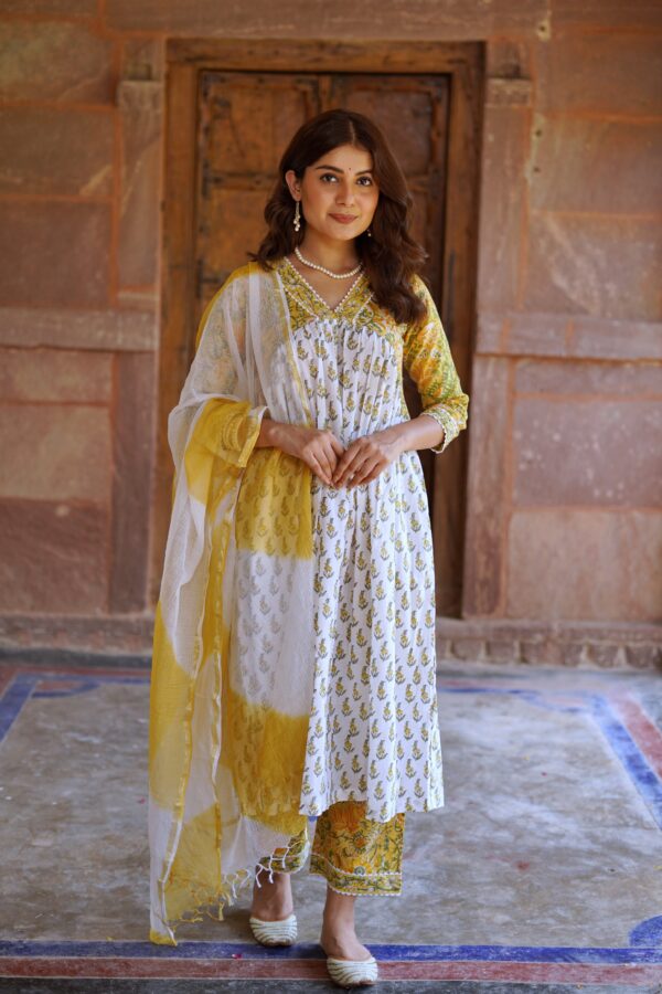 Mughal Hand Block Printed Yellow White suit set - Image 2