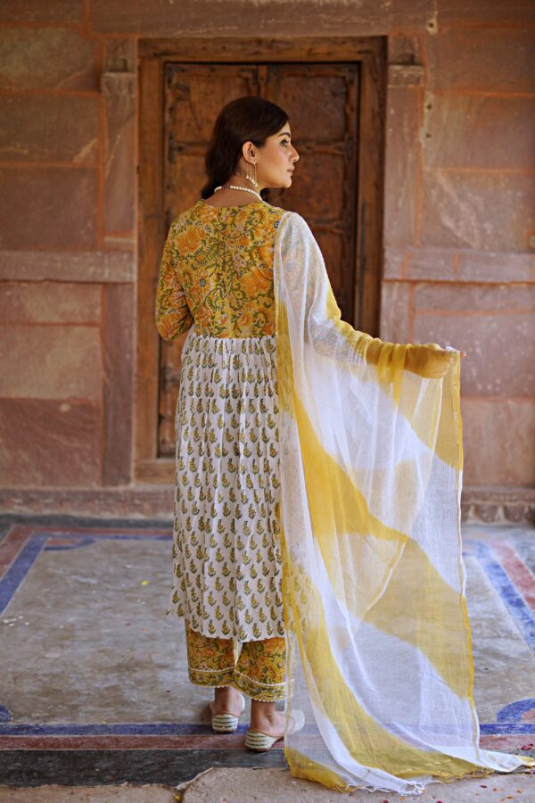 Mughal Hand Block Printed Yellow White suit set - Image 5