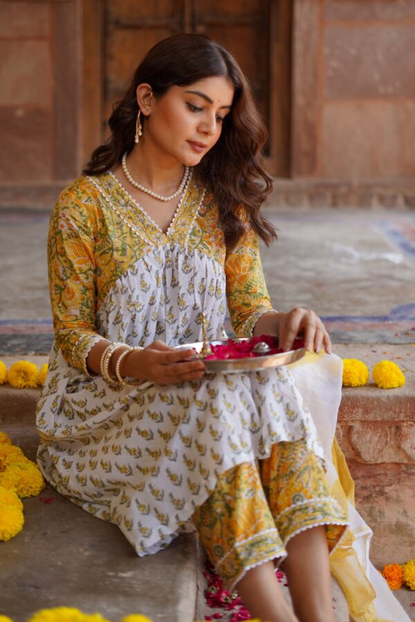 Mughal Hand Block Printed Yellow White suit set