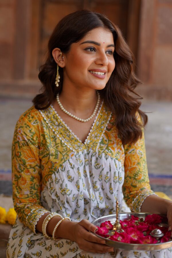 Mughal Hand Block Printed Yellow White suit set - Image 10