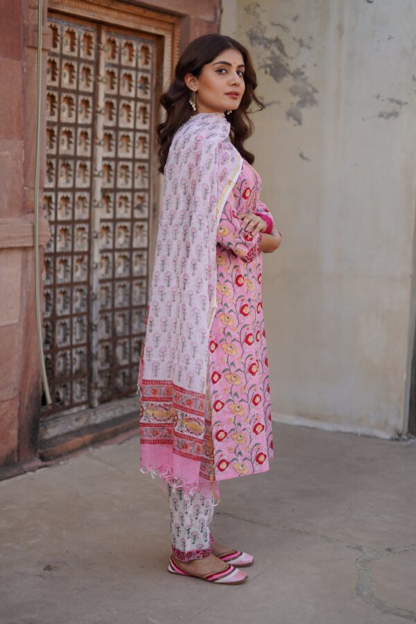 Pink "Pakeezah" Floral Suit Set with Kota Doriya Dupatta - Set of 3 - Image 5