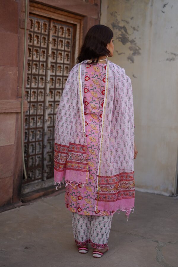 Pink "Pakeezah" Floral Suit Set with Kota Doriya Dupatta - Set of 3 - Image 8