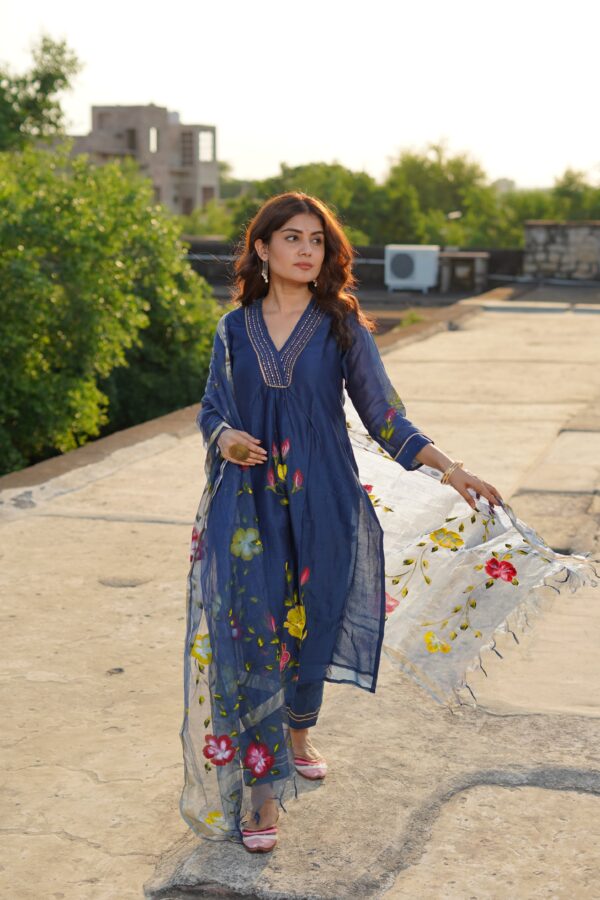 Hand Painted Blue Chanderi Suit Set - Image 3