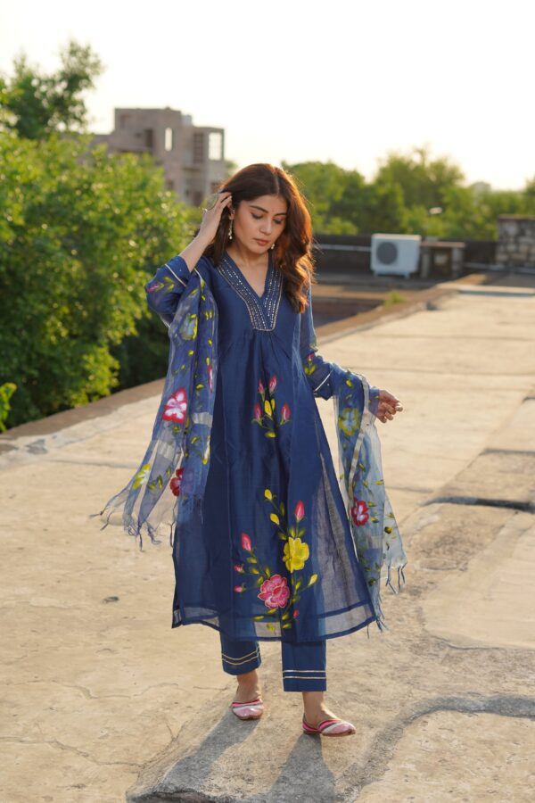 Hand Painted Blue Chanderi Suit Set - Image 2