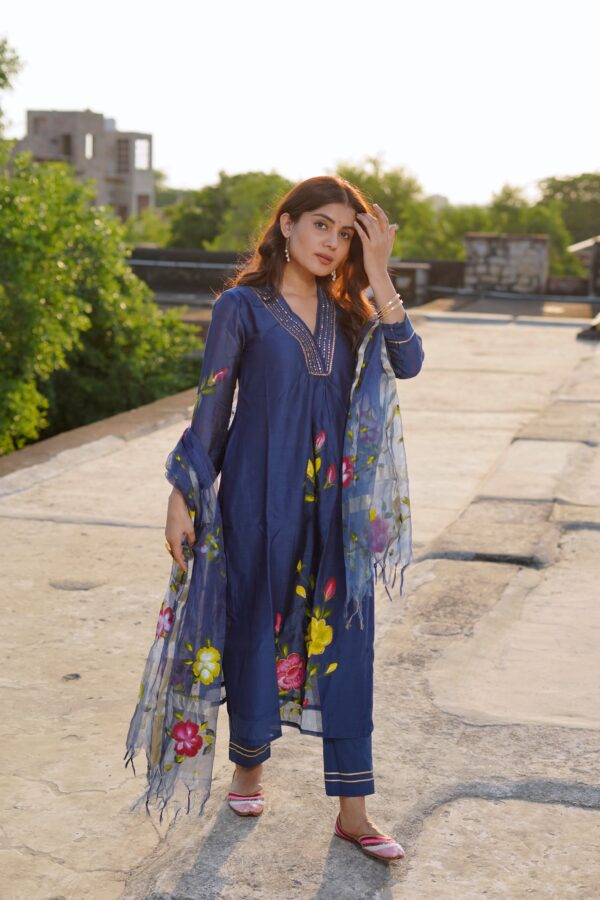 Hand Painted Blue Chanderi Suit Set - Image 4