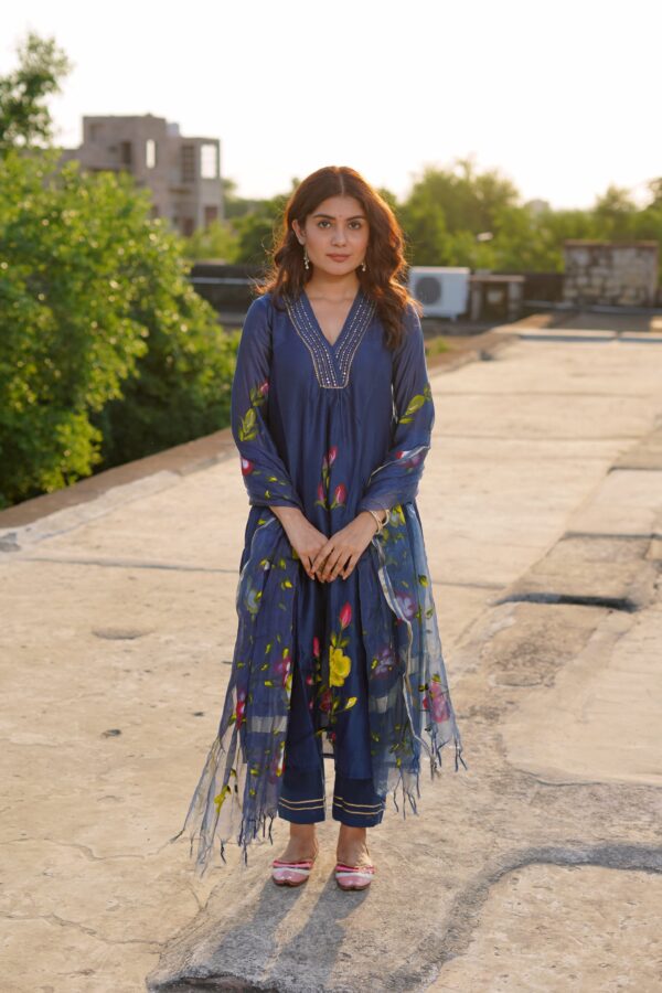 Hand Painted Blue Chanderi Suit Set - Image 5
