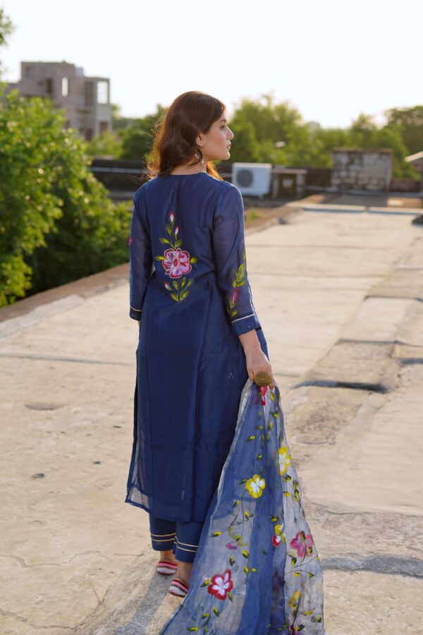 Hand Painted Blue Chanderi Suit Set - Image 6