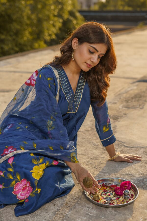 Hand Painted Blue Chanderi Suit Set - Image 9