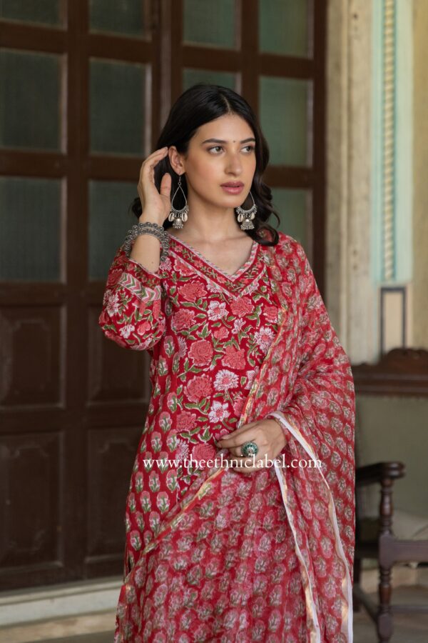 "Ritika" Cotton Kurta Set with Kota Doria Dupatta(3pc) - Image 2