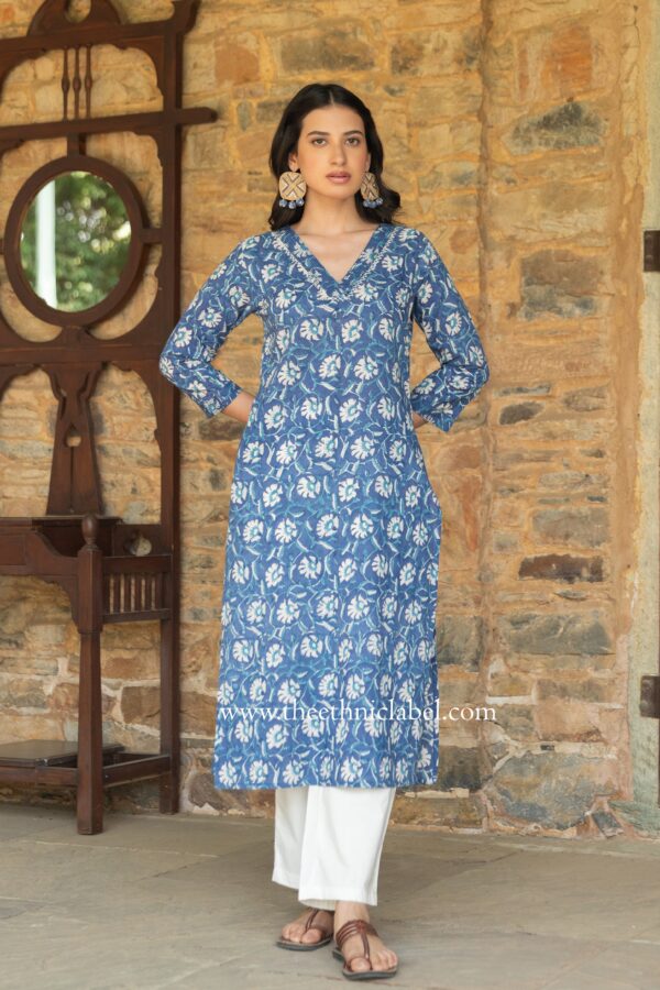 "Baadal" Indigo Hand Block Printed Cotton kurta - Image 7
