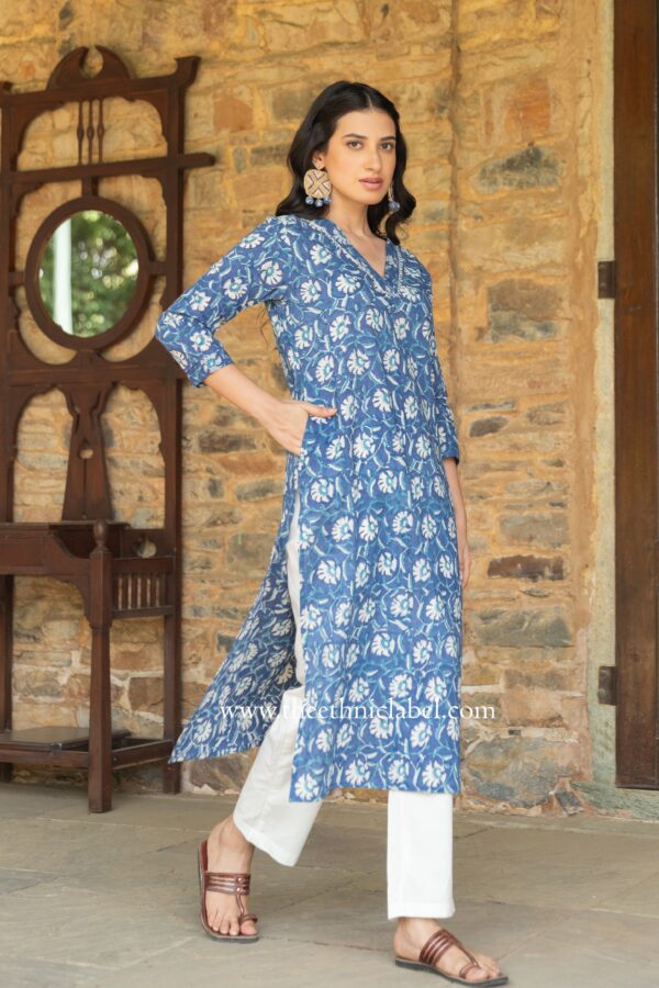 "Baadal" Indigo Hand Block Printed Cotton kurta - Image 2