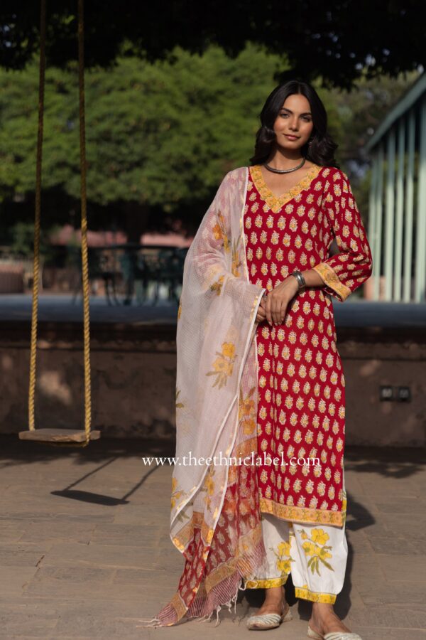 "Yuvani" Cotton Kurta Set with Kota Doria Dupatta(3pc) - Image 5