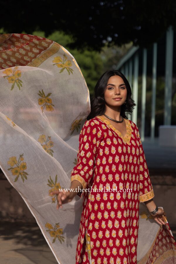 "Yuvani" Cotton Kurta Set with Kota Doria Dupatta(3pc) - Image 6
