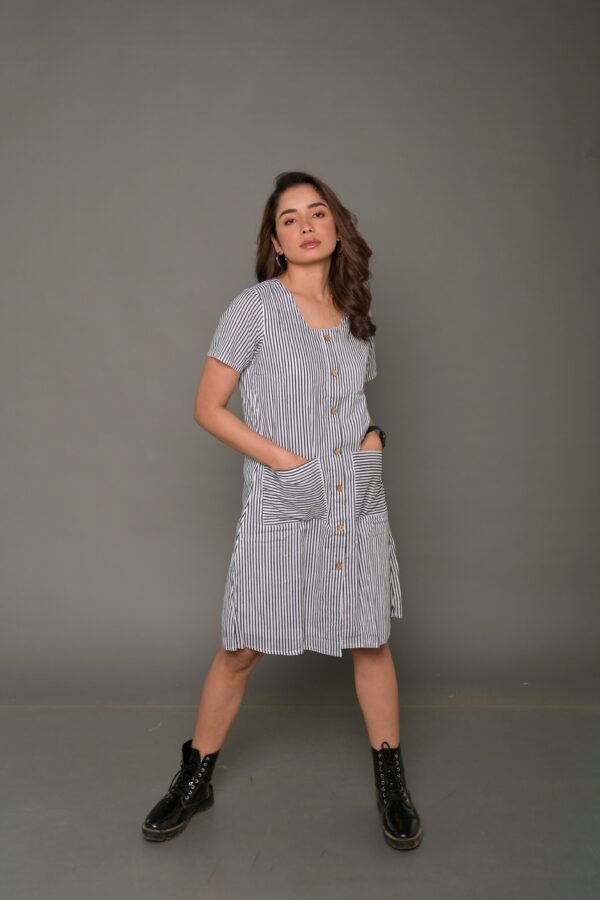 White & Black 'Brilliant' Striped Cotton Dress