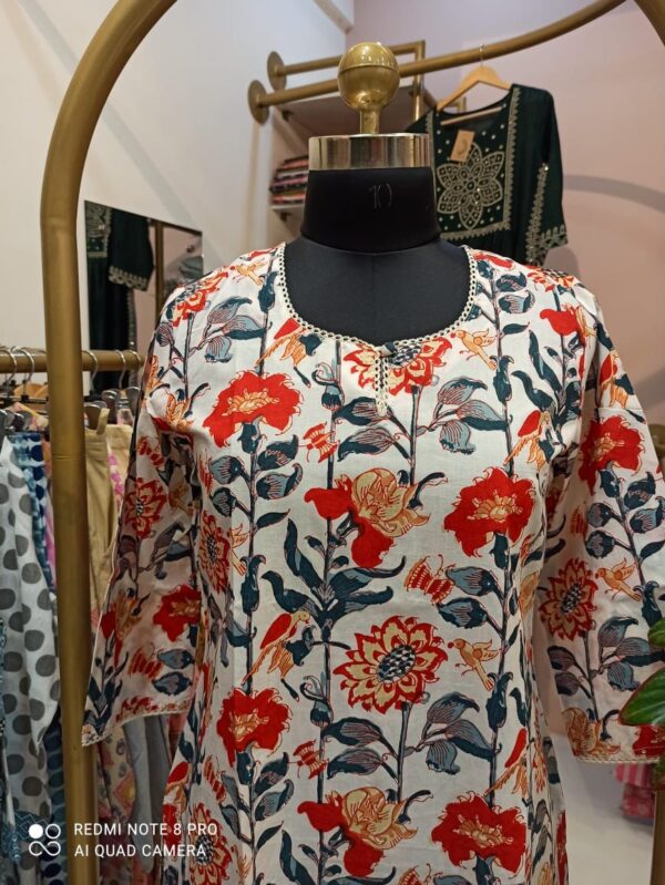 Cream Floral Bird Cotton Kurta - Image 5