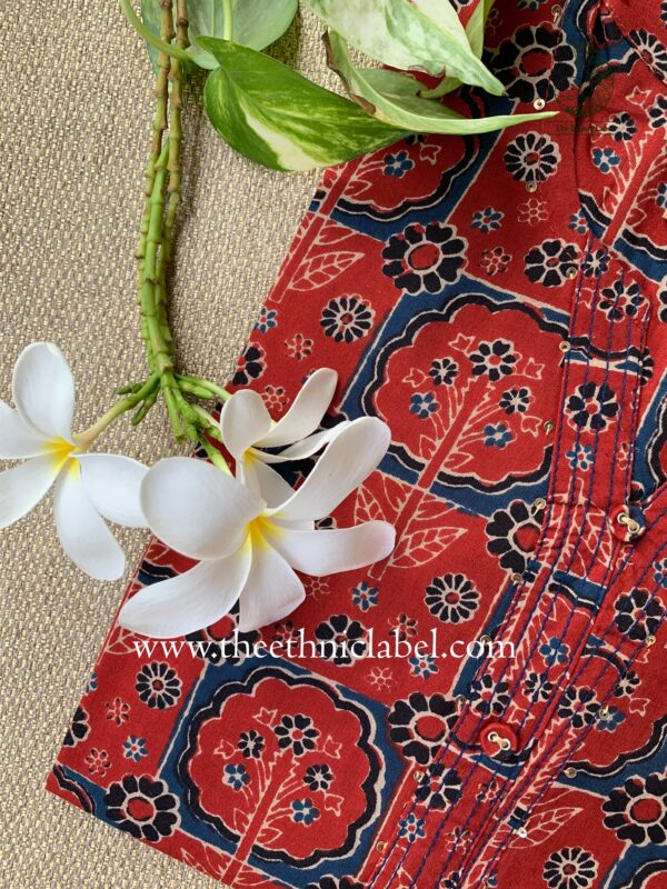 "Ankita" Red Ajrakh Buttoned Cotton Kurta - Image 3