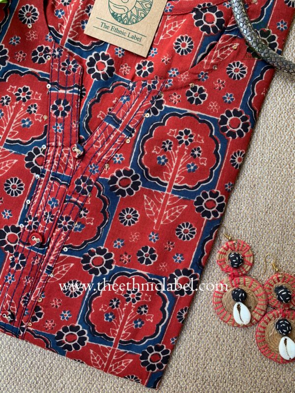 "Ankita" Red Ajrakh Buttoned Cotton Kurta - Image 4