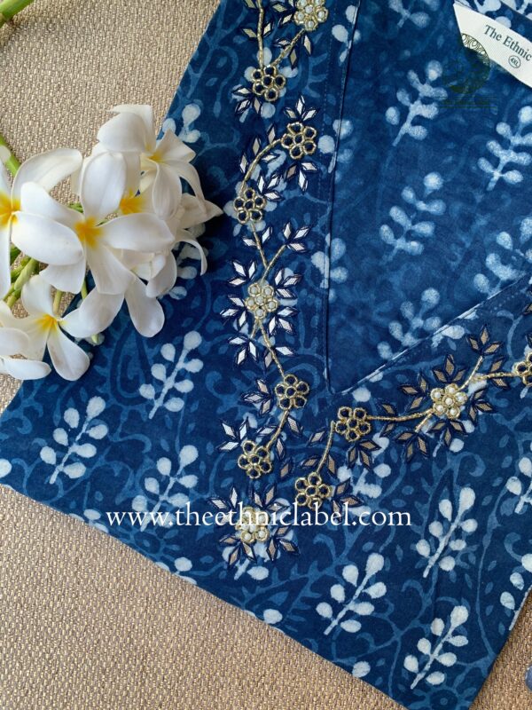 "Alara" Hand Embroidered Block Printed Cotton kurta - Image 3