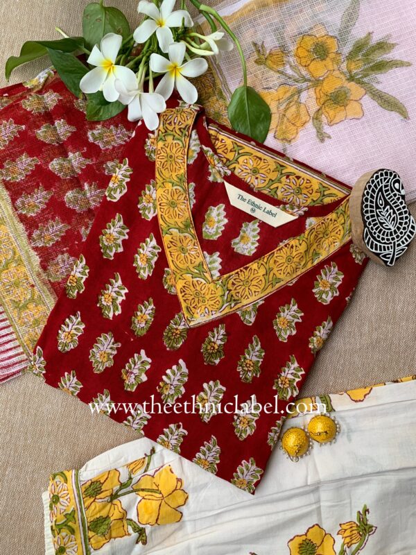 "Yuvani" Cotton Kurta Set with Kota Doria Dupatta(3pc) - Image 4