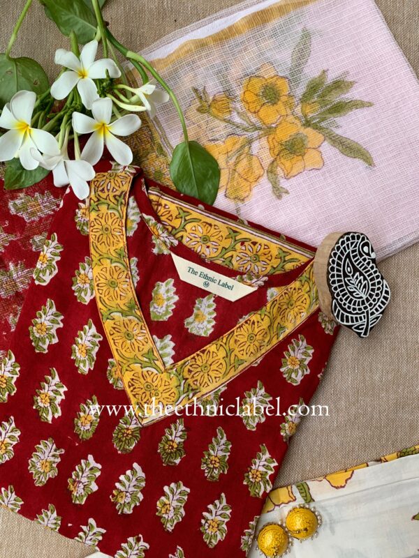 "Yuvani" Cotton Kurta Set with Kota Doria Dupatta(3pc) - Image 2