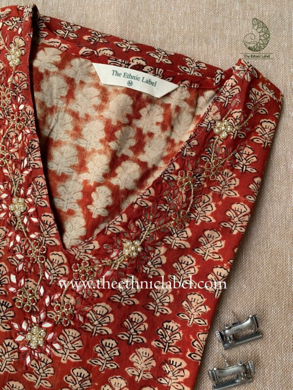 "Naima" Hand Embroidered Bagru Block Printed Cotton kurta - Image 4