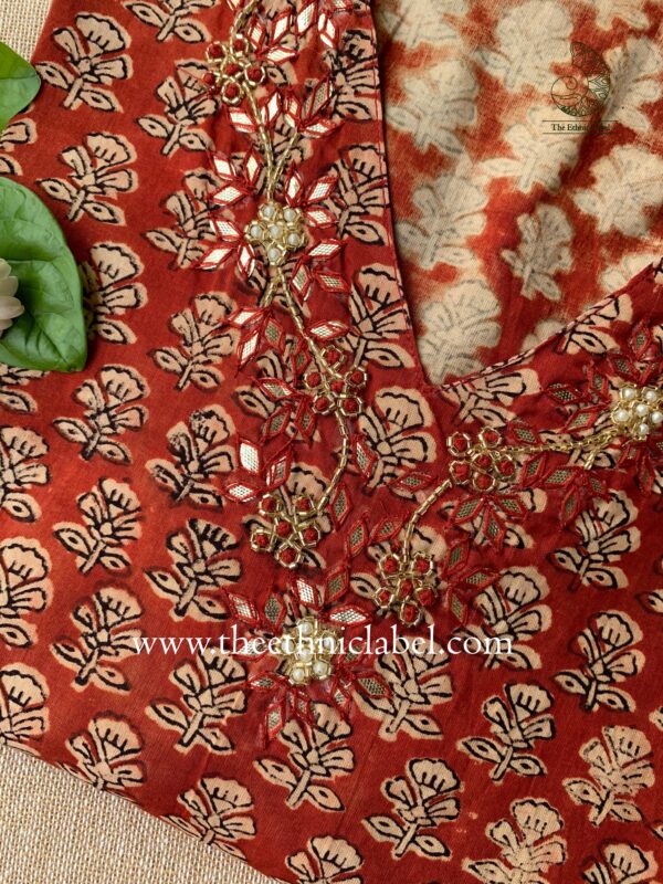 "Naima" Hand Embroidered Bagru Block Printed Cotton kurta - Image 5