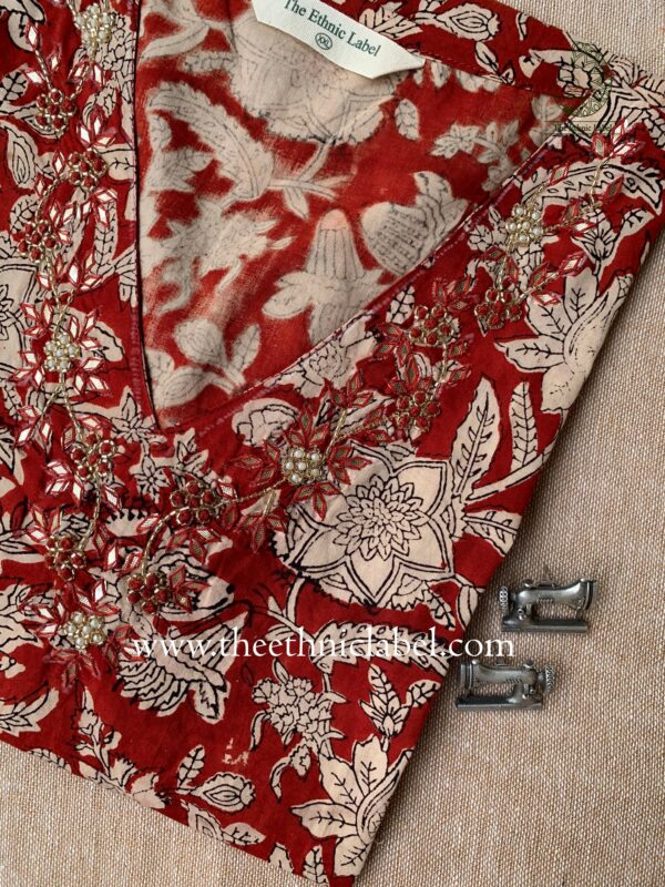 "Amira" Hand Embroidered Bagru Block Printed Cotton kurta - Image 4